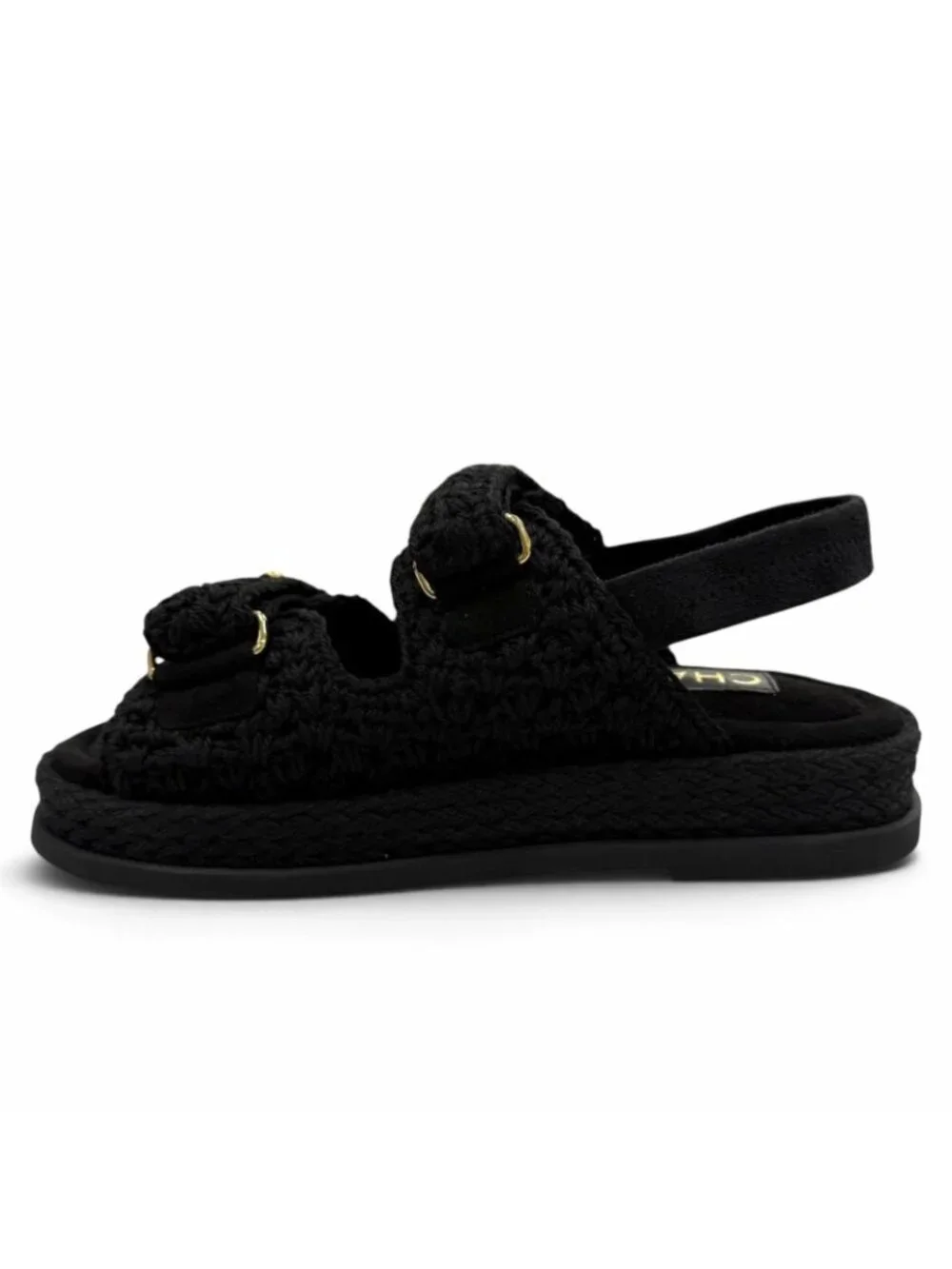Chanel Suede Leather CC Logo Velcro Knit Sandals Black